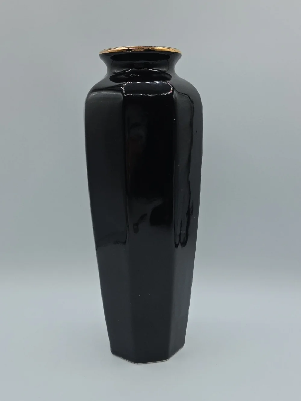 Large Black Porcelain Vase with Gold and Floral Detail | Vintage